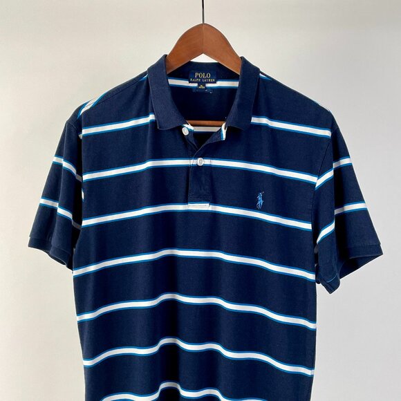 Ralph Lauren Polo Short Sleeve Tee Shirt, Navy Blue Royal Blue White Stripe,  L - Picture 1 of 7